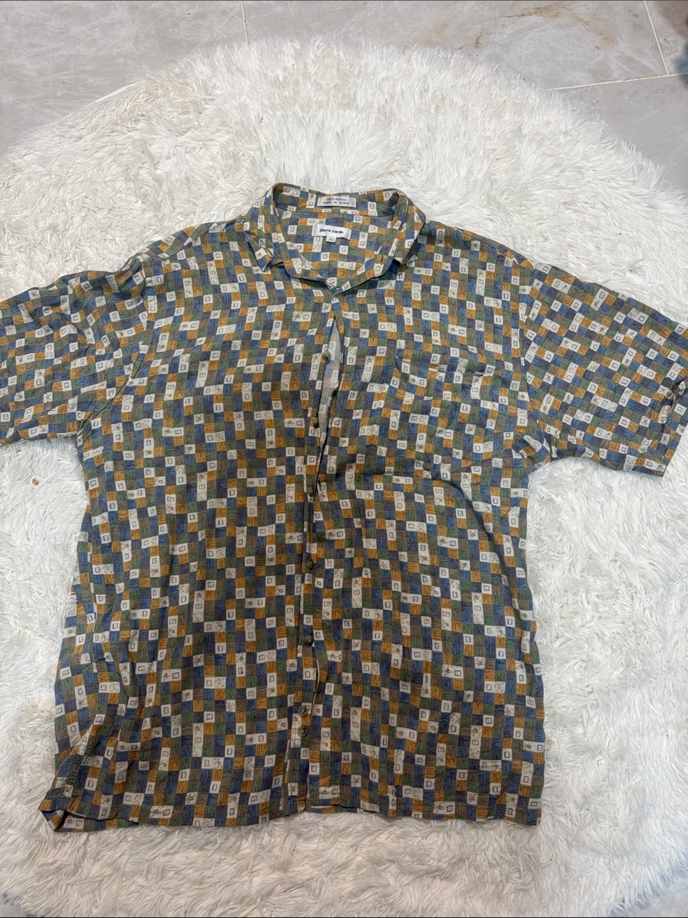 Pierre Cardin Short Sleeve Button-Up Shirt in Green, Blue & Mustard Check